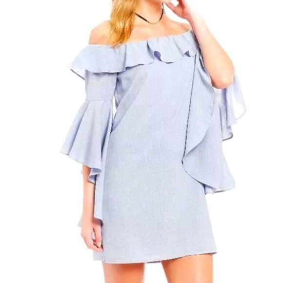 Chambray Grey-Blue Off-Shoulder Ruffle Dress - NWT - M - Picture 1 of 13